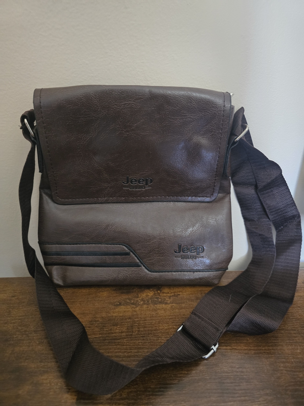Jeep Dark Brown Leather Messenger Bag with Adjustable Strap